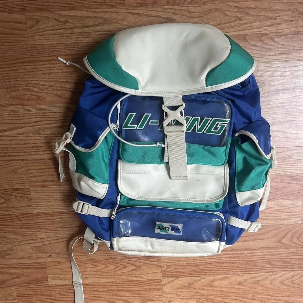 Li-Ning Vintage Retro Blue Green Archive Backpack Clear Pockets 90s